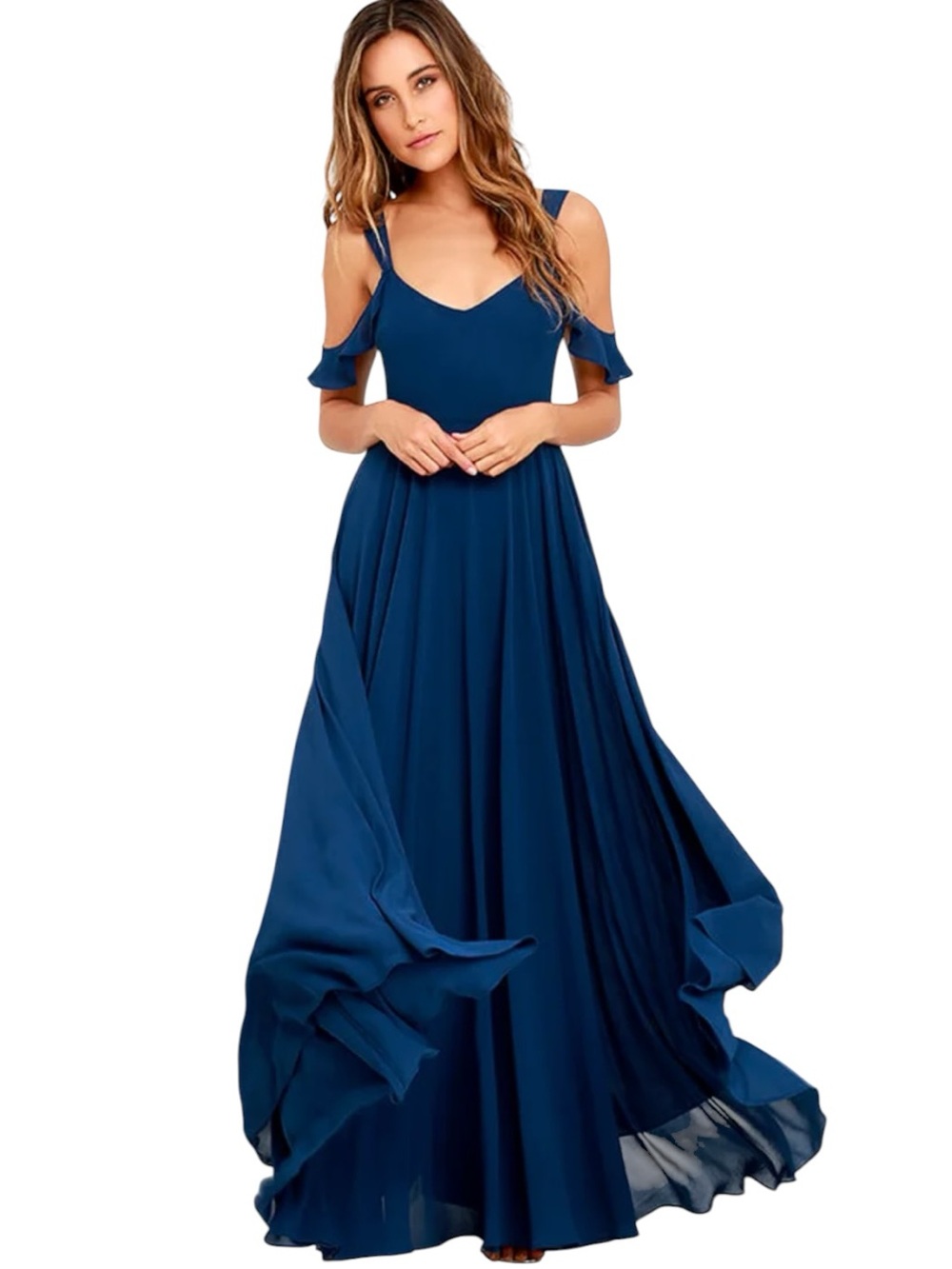 Lulus Romantic Fantasy Maxi Dress Womens Small Blue Fully Lined Off The Shoulder